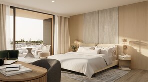 A modern hotel room with a large bed, a seating area with a table, and a view of the outdoors. - Crowne Plaza Shell Cove Marina (Wollongong)