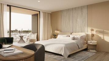 A modern hotel room with a large bed, a seating area with a table, and a view of the outdoors.