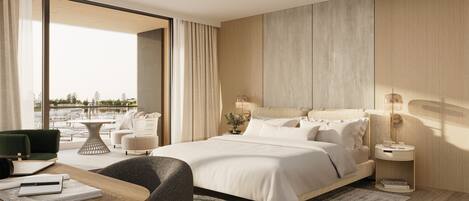 A modern hotel room with a large bed, a seating area with a table, and a view of the outdoors.