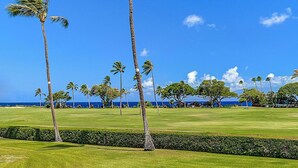 Un campo de golf bien cuidado con altas palmeras, cielo azul despejado y vistas al océano.
