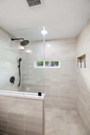 Hair dryer, towels, soap, toilet paper
