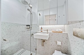 Shower, hair dryer, towels