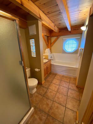 Hair dryer, towels, soap, toilet paper