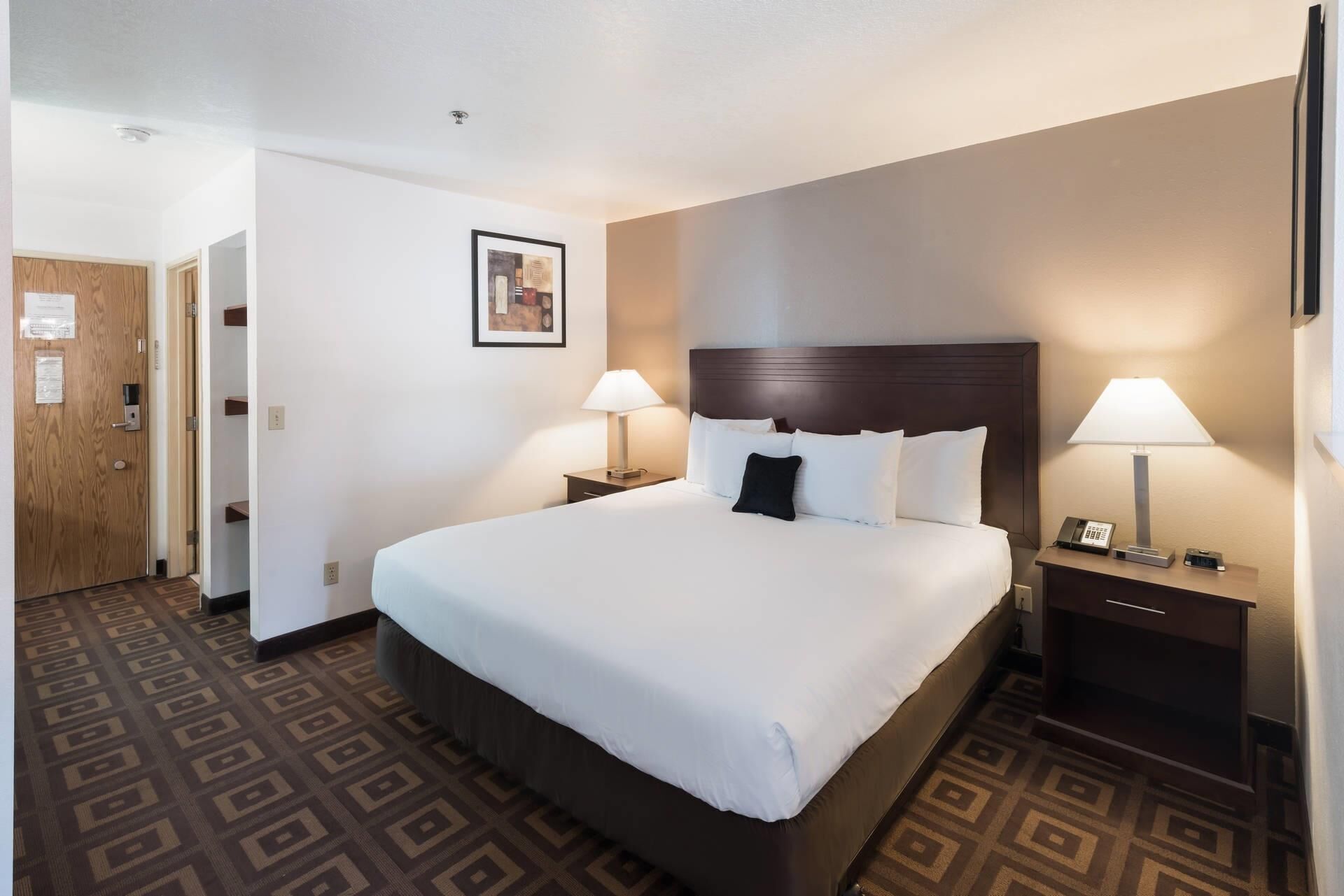 A hotel room with a large bed, two bedside tables with lamps, a wooden door, and a framed picture on the wall.