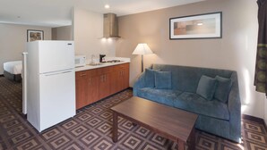 Habitación de hotel compacta con kitchenette, un sofá, una mesa de centro y alfombra estampada.