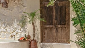 A stone wall, a wooden door, a bathtub, and potted plants.