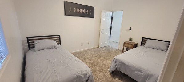 A bedroom with two beds, a small bedside table with a plant, and a door leading to another room.