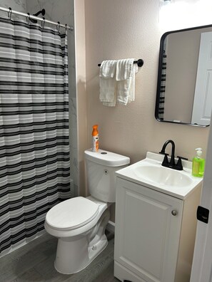 Dusche, Haartrockner, Handtücher, Toilettenpapier