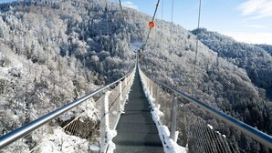A suspension bridge with metal railings and a metal walkway, surrounded by snow-covered trees and hills. - Hotel-Pension Enzian – Double Room with Balcony or Terrace, Breakfast Included (Todtnau)
