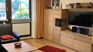 A modern living room with a sofa, a coffee table, a TV, and a bookshelf. - Studio 'Inzell mit Mountain View' with Balcony and Wi-Fi (Inzell)