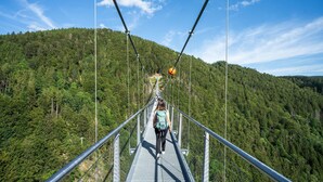 A suspension bridge with metal railings and a person walking on it. - Hotel-Pension Enzian: Double Room with Balcony or Terrace, Breakfast Included (Todtnau)