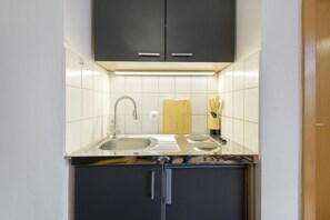 Fridge, stovetop, electric kettle, cookware/dishes/utensils - Studio 'Zwiesel' with Shared Garden, Balcony and Wi-Fi (Zwiesel)