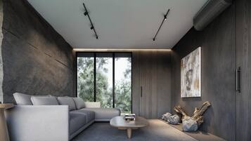 Fireplace, books, music library