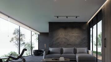 Fireplace, books, music library