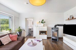 A modern living room with a sofa, coffee table, TV, and a fireplace. - Panoramanest Sauerland with Sun Terrace, Quiet Location, Near Sorpesee, Hiking Trails (Balve)