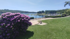 A marina with boats, a grassy area, and a bush with purple flowers. - Panoramanest Sauerland with Sun Terrace, Near Sorpesee Lake and Hiking Trails (Balve)