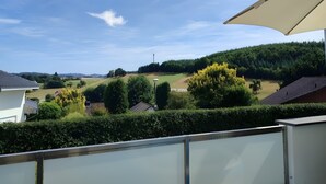 A residential area with a view of a green field, a hill with trees, and a clear sky. - Panoramanest Sauerland with Sun Terrace, Near Sorpesee Lake and Hiking Trails (Balve)