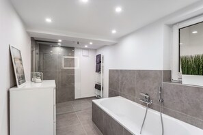 Shower, hair dryer, towels