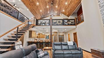 Smart TV, fireplace, foosball