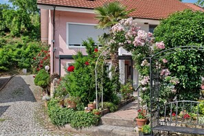 Une maison avec un jardin, un chemin en pierre et un portail en métal.