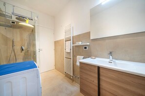 Shower, hair dryer, bidet, towels