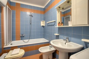 Hair dryer, bidet, towels, toilet paper