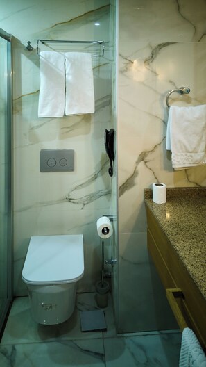 A bathroom with a glass-enclosed shower, a toilet, a marble-tiled wall, a towel rack, and a toilet paper holder.