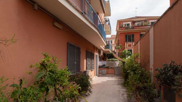 Une ruelle étroite, bordée de bâtiments des deux côtés, avec des plantes en pot et un ciel dégagé.