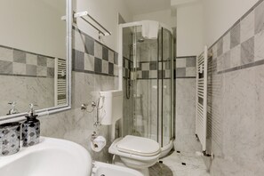 Shower, hair dryer, bidet, towels