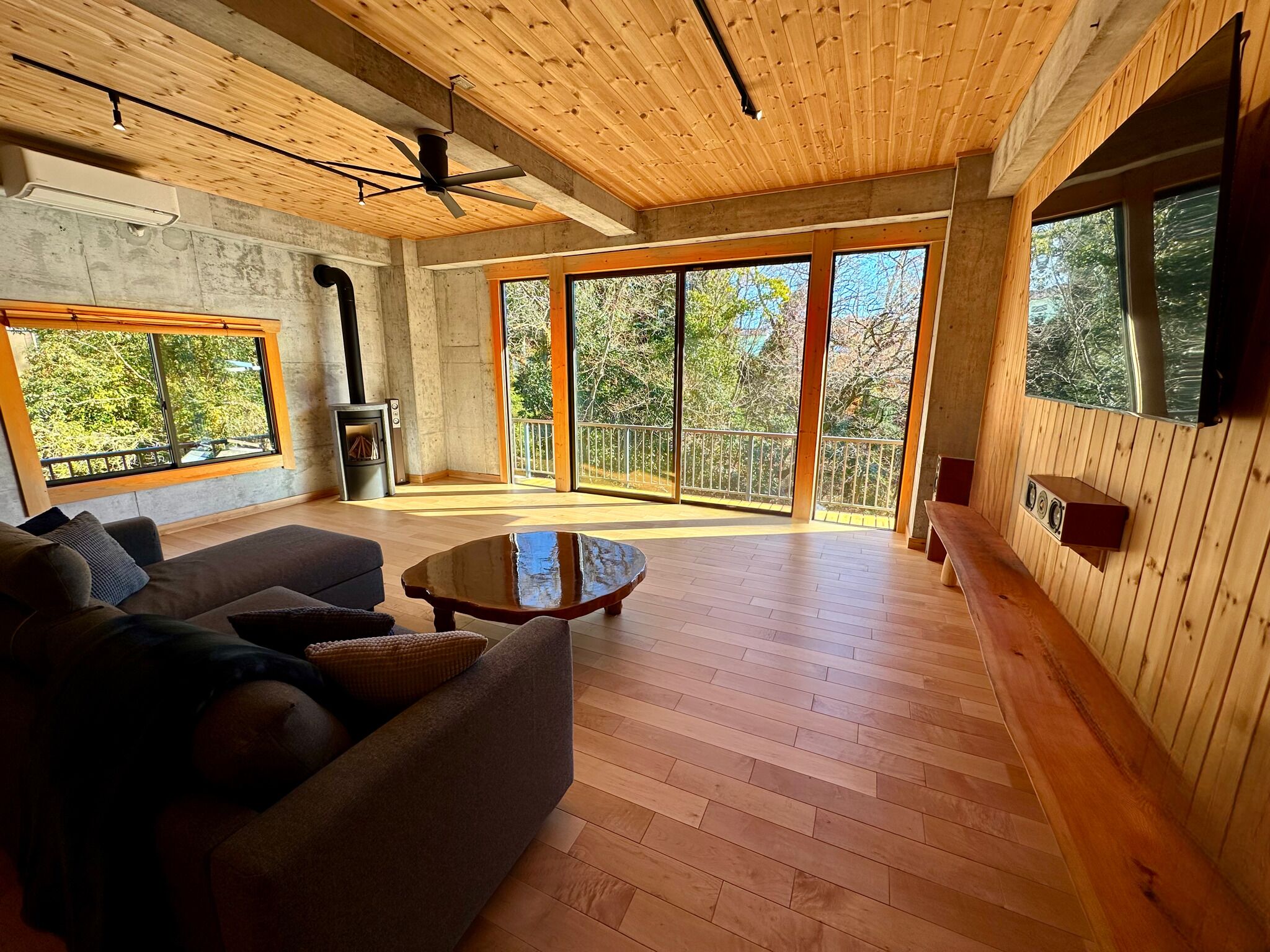 Smart-TV, peis, bøker og stereoanlegg