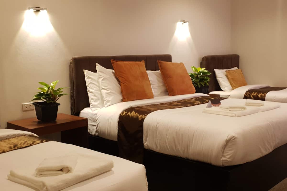 Habitación de hotel con dos camas, cada una con cabecero marrón, ropa de cama blanca y una pequeña planta en la mesita de noche.