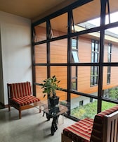 A room with large windows, a striped sofa, a glass table with a potted plant, and a view of a building with wooden siding.