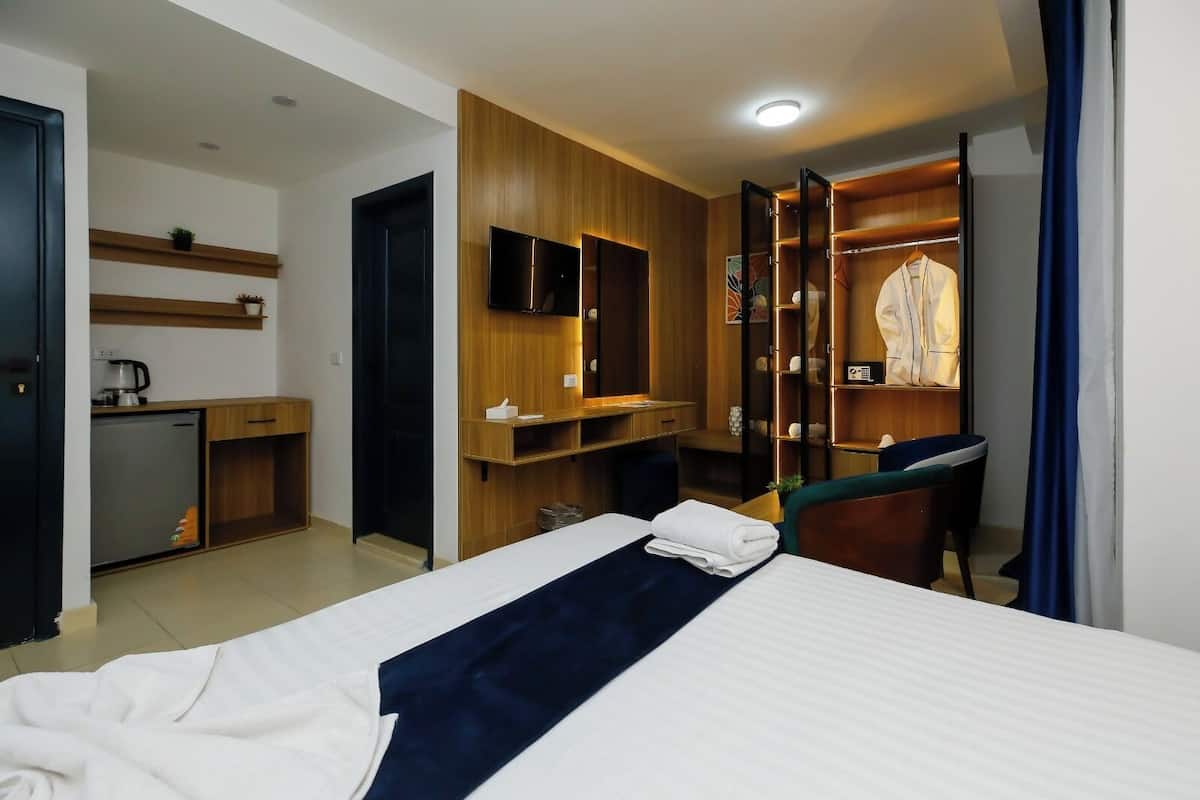 A hotel room with a bed, a desk, a wardrobe, a television, and a kitchenette.
