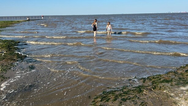 A beach with waves, a pier in the background, and a clear sky. - Vacation home Küstennebel directly by the sea (Butjadingen)