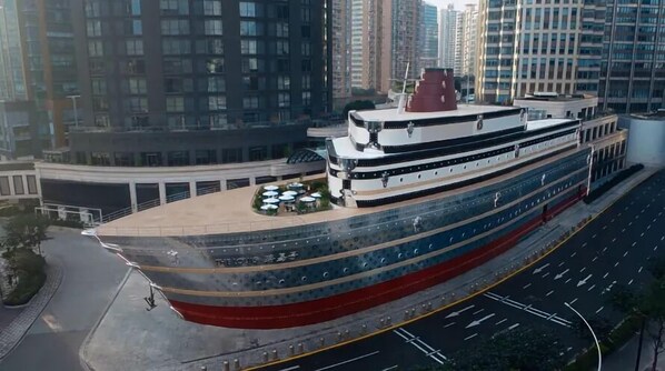 Een groot cruiseschip ligt aangemeerd in een haven, met een modern gebouw op de achtergrond.
