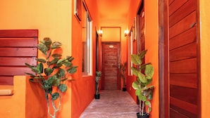 A hallway with orange walls, wooden doors, and potted plants. - SEASUNBEACH MAAFUSHI (Maafushi)