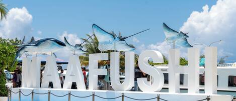 A large sign with the word "MAAFUSHI" and decorative fish sculptures.