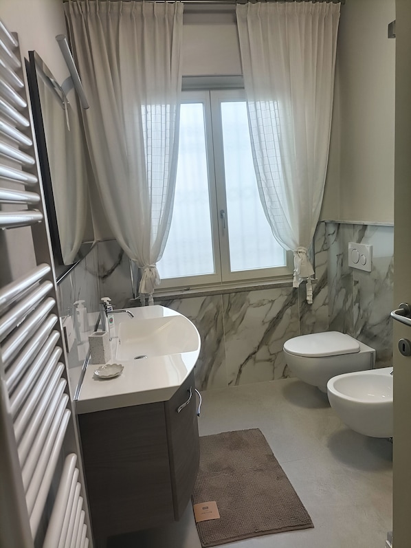 Hair dryer, bidet, towels, soap
