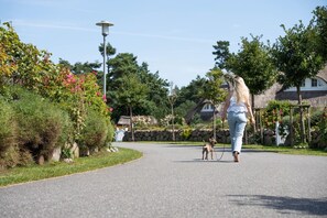 Ein gepflasterter Weg in einer parkähnlichen Umgebung mit viel Grün und einem Hund an der Leine.