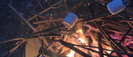 A campfire with marshmallows and sticks.