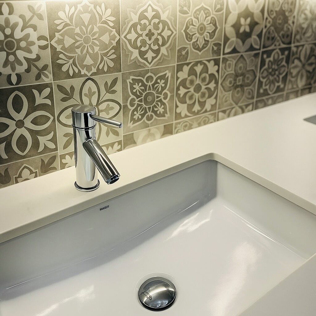 Un baño con un lavamanos blanco, grifo cromado y salpicadero de azulejos estampados.