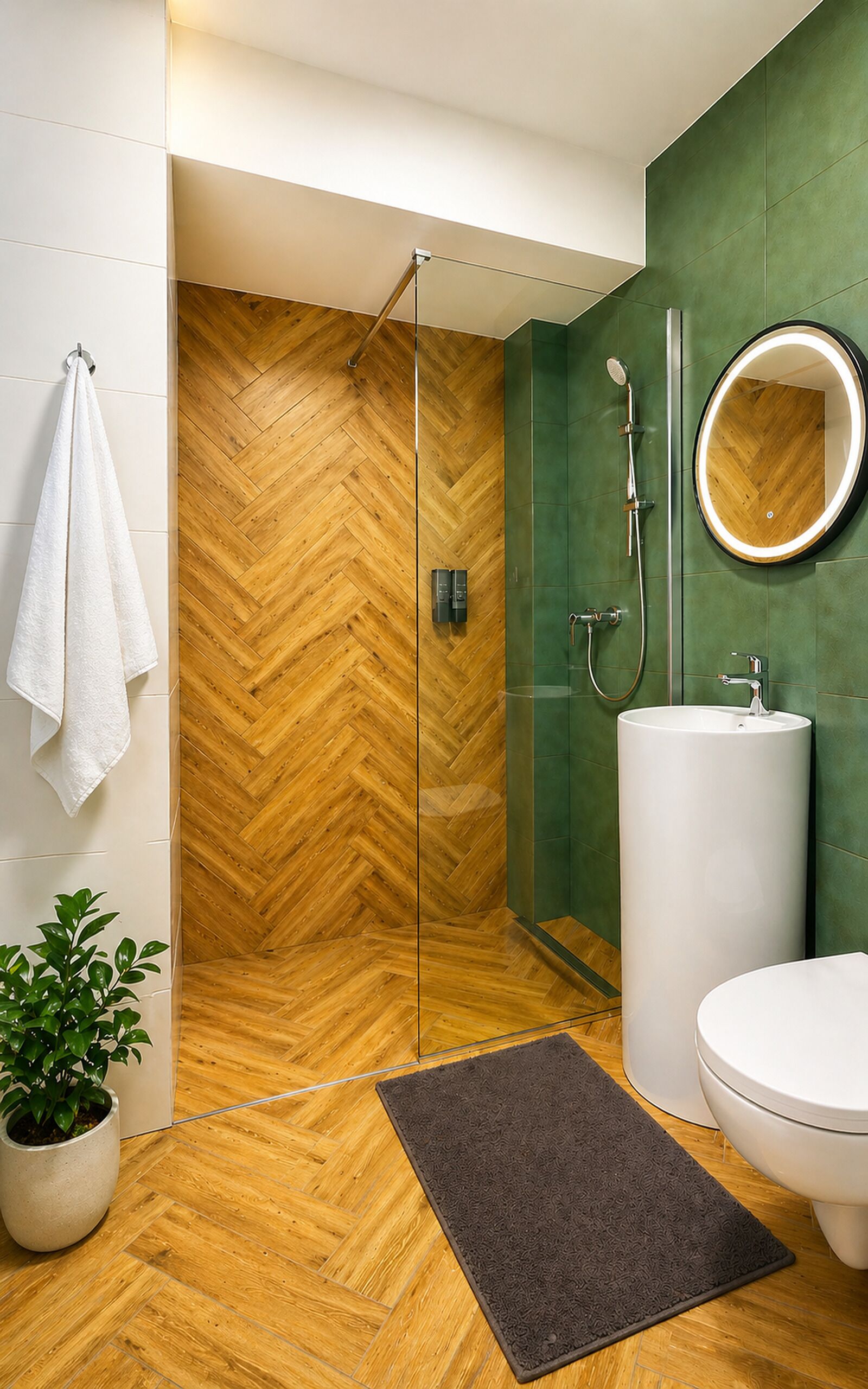 A modern bathroom with a herringbone wooden floor, a glass shower enclosure, a white sink, and a green wall.