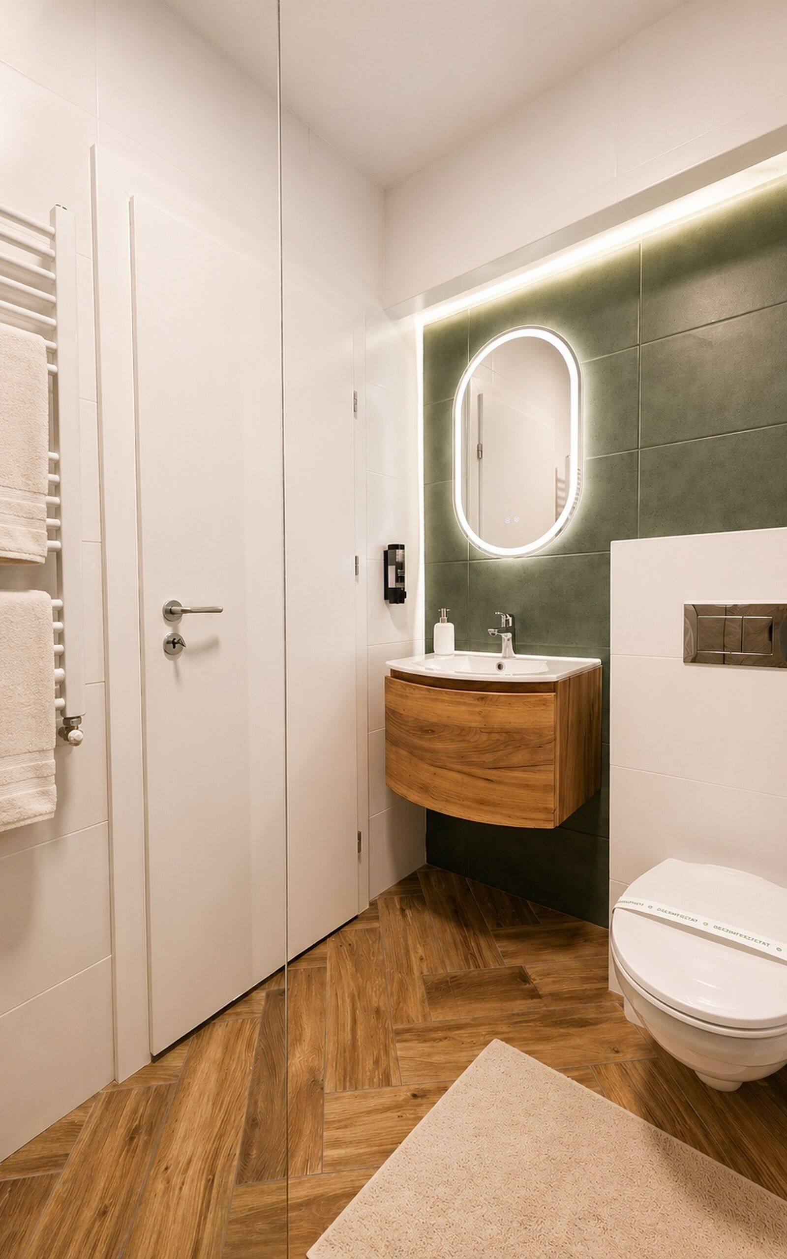 Un bagno moderno con un mobile vanitario in legno, uno specchio rotondo e un water.