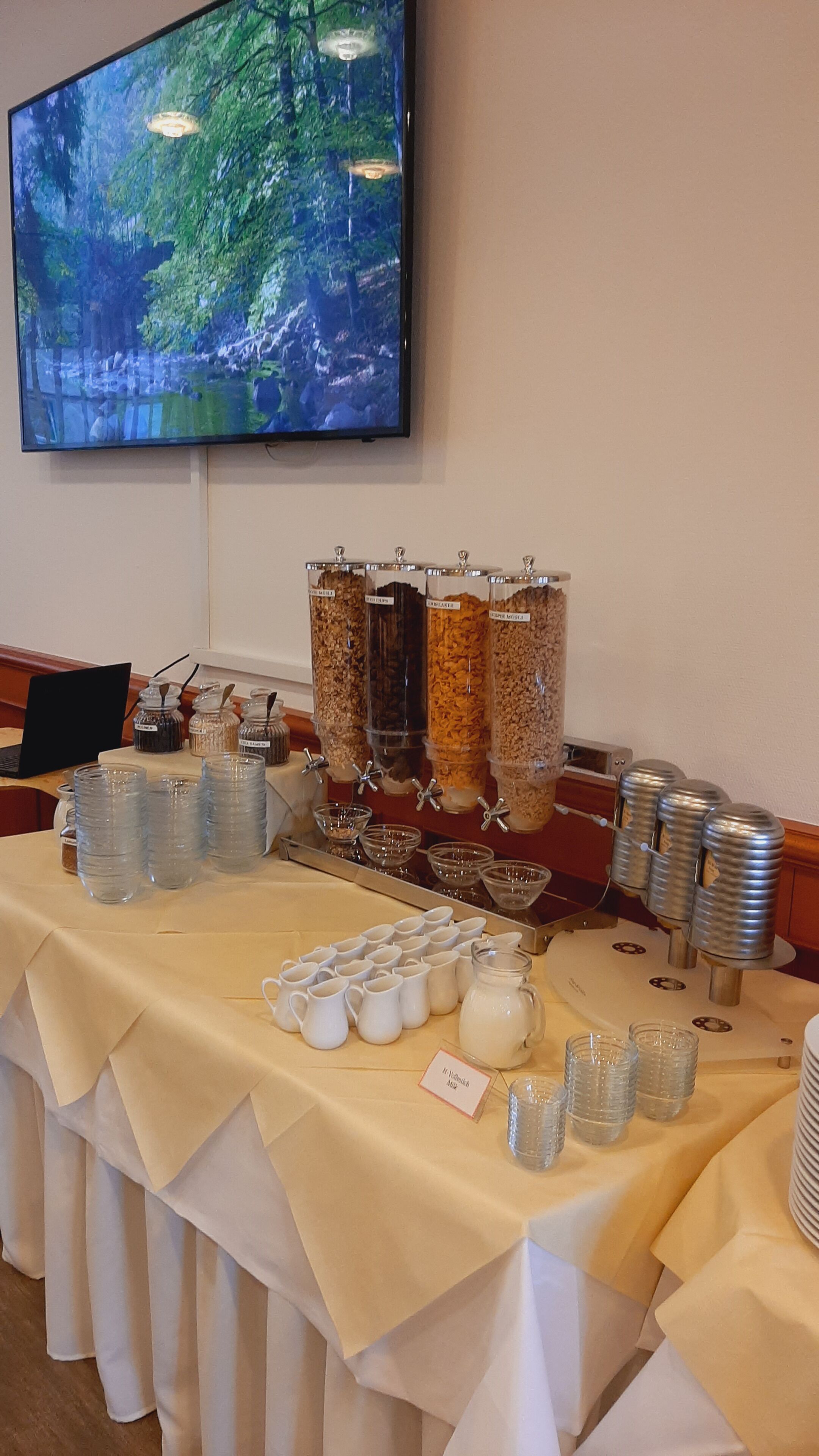 Ein Buffet mit verschiedenen Speisebehältern und Serviergeschirr, ein Laptop und ein Fernseher, der eine Naturdarstellung zeigt.