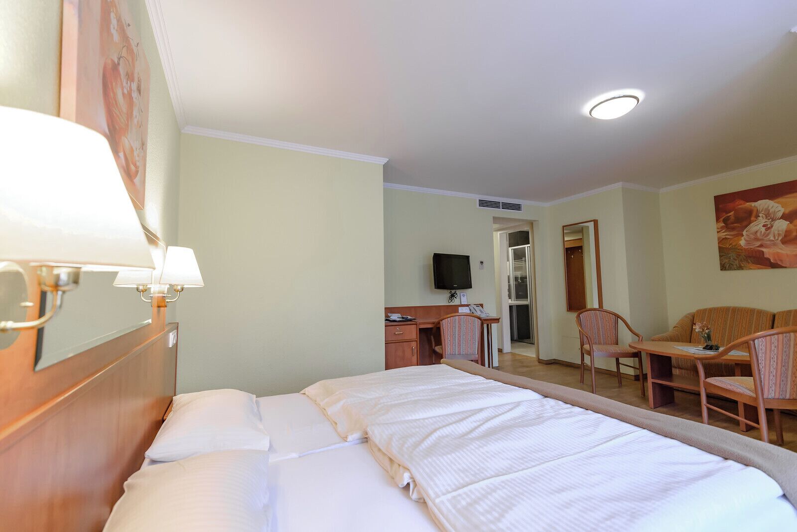 Une chambre d’hôtel avec un grand lit, un bureau avec une chaise, une télévision et un tableau au mur.