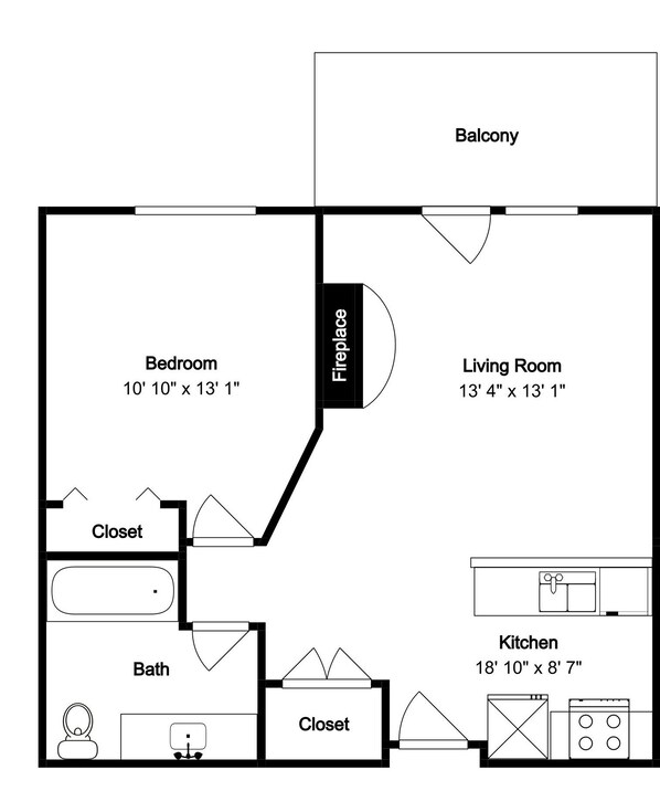 A floor plan with a bedroom, living room, balcony, fireplace, two closets, a bathroom, and a kitchen. - Black Bear 8040 (Keystone)
