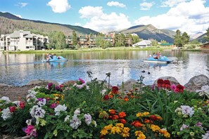 A lake with boats, surrounded by colorful flowers and buildings in the background. - Lakeside 1488 (Keystone)