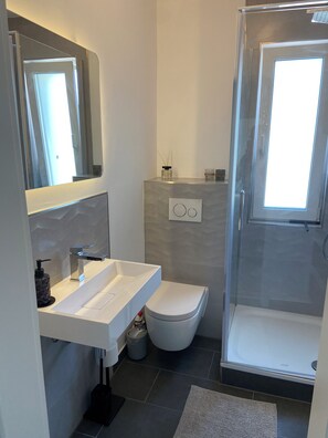 Shower, hair dryer, towels, soap