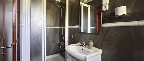 A modern bathroom with a glass-enclosed shower, a white sink, and a mirror above it.