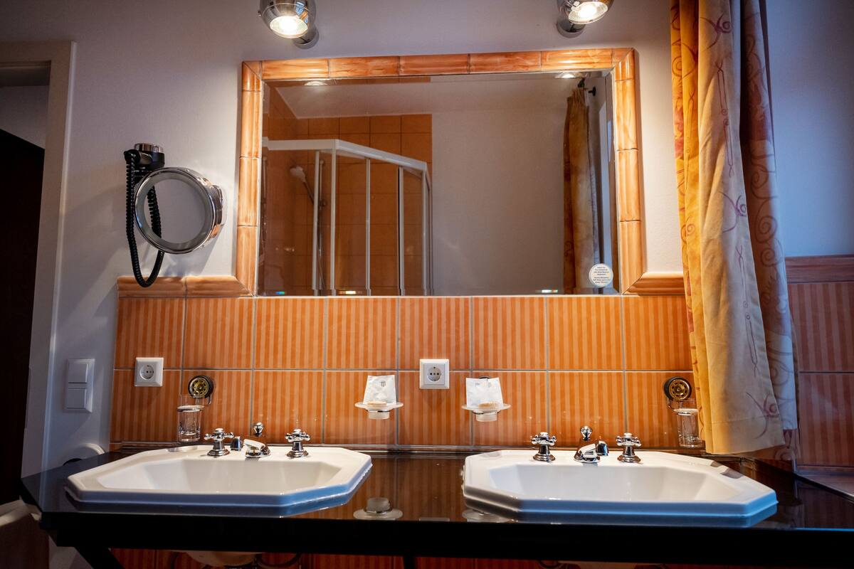 Ein Badezimmer mit zwei Waschbecken, einem großen Spiegel und einer Duschkabine.